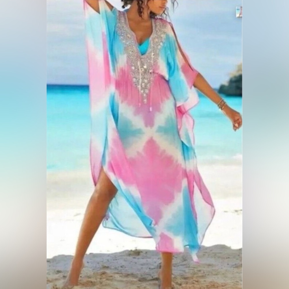 Boston Proper Pink & Blue Tie-Dye Embellished Kaftan Cover-Up